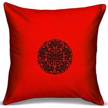 Red Pillow with Embroidered Black Chinese Longevity Motif