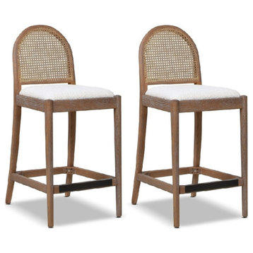 Panama 26.5" Curved Back Cane Rattan Counter Stool Set of 2 Ivory White Boucle