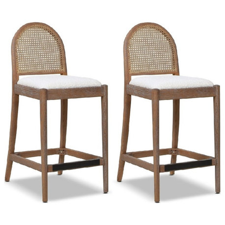 Panama 26.5" Curved Back Cane Rattan Counter Stool Set of 2 Ivory White Boucle