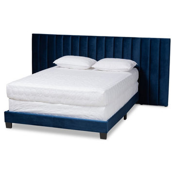 Baxton Studio Fiorenza Queen Size Navy Blue Velvet Panel Bed with Headboard