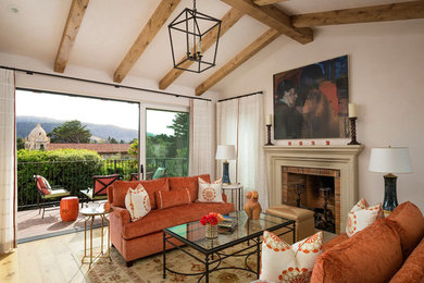 Inspiration for a mid-sized transitional formal and enclosed brown floor and medium tone wood floor living room remodel with beige walls, no tv and no fireplace