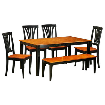 6-Piece Kitchen Table Set, Table 4 Wood Dining Chairs Plus a Bench, Black