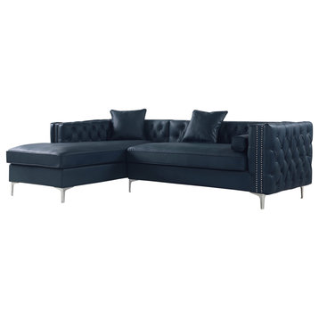 Comfortable Sectional Sofa, PU Leather Seat With Button Tufting & Nailhead, Navy