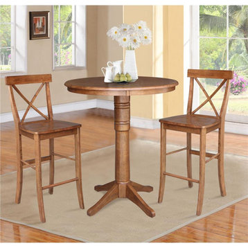 36" Solid Wood Round Pedestal Table in Distressed Oak  with 2 X-Back Stools