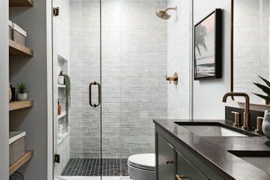 Inspiration for a small contemporary 3/4 gray tile and porcelain tile porcelain tile, gray floor and double-sink alcove shower remodel in Chicago with furniture-like cabinets, green cabinets, a one-piece toilet, gray walls, an undermount sink, quartz countertops, a hinged shower door, black countertops, a niche and a freestanding vanity