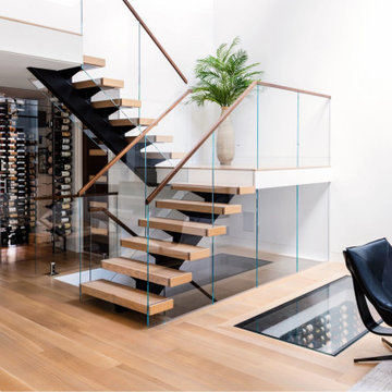 Rift Sawn White Oak Plank Flooring, Floating Staircase