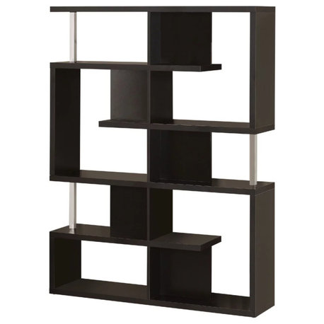 Contemporary Bookcase, Unique Geometric Design With Chrome Metal Support, Black
