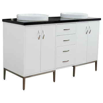 61" Double Sink Vanity, White Finish With Black Galaxy Granite And Round Sink
