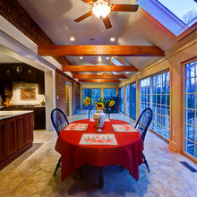 Beadboard ceiling in golf room