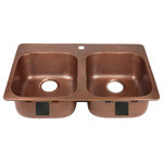 Sinkology - Santi 33" Drop-in Copper Double Bowl Kitchen Sink, 1-Hole - There’s never enough space in the cabinet under your sink. The Santi copper kitchen sink offers rear offset drains to keep the pipes in the back of your cabinet and maximize your space without impacting the size of your sink. The double bowl design allows space for washing and drying at the same time. Our durable, solid copper sinks are hand-hammered by skilled craftsman and protected by our lifetime warranty.