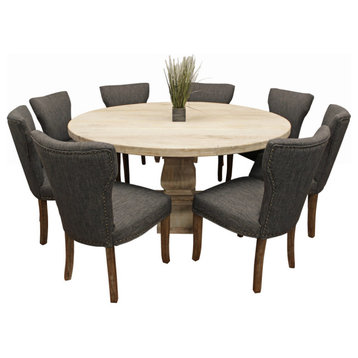 Benedict 9-Piece Dining Set, 70" Round Dining Table & 8 Dark Gray Linen Chairs
