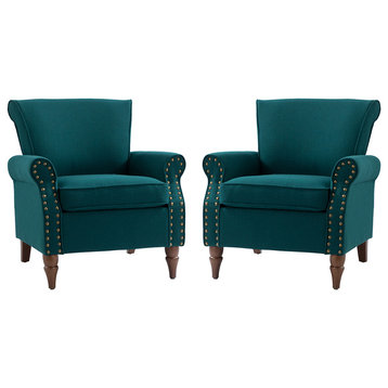 32.5" Wooden Upholstered Accent Chair With Arms Set of 2, Teal