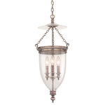 Hudson Valley Lighting - Hanover 3-Light Pendant Clear Glass Shade, Historic Nickel - Not only does our bell jar lantern capture the timeless style of a British heirloom, blown glass and cast brass ensures Hanover will be admired for generations. Patterned after the signature lanterns that graced royal foyers during the English Regency, Hanover resounds with authentic details. Filigreed hangers anchor Hanover's three brass chains, while a glass smoke bell warmly diffuses light across an expanse of upward space.