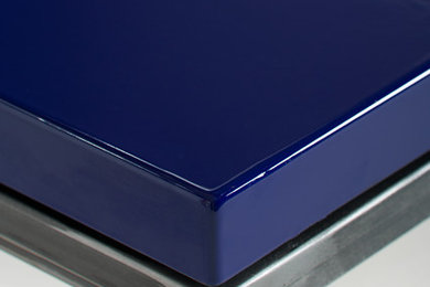 Colbalt blue porcelain enamel topped coffee table with steel base