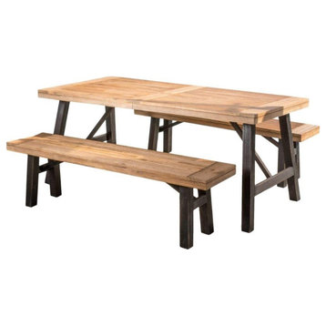 Rustic Cottage Dining Set, Rectangular Table With 2 Benches, Brushed Grey