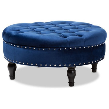 Transitional Blue Velvet Fabric Upholstered Button Tufted Cocktail Ottoman