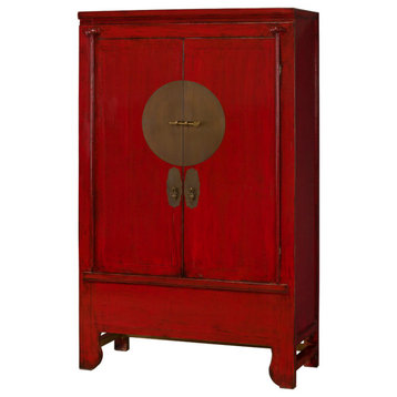 Distressed Elmwood Chinese Ming Wedding Armoire, Distressed Red