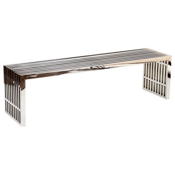 Set of 2 Contemporary Dining Bench, Slatted Stainless Steel Construction, Silver