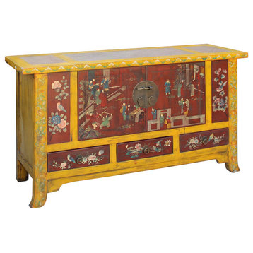Chinese Distressed Yellow Rattan Scenery Graphic Console Table Cabinet Hcs4559