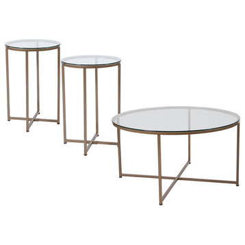 3-Piece Coffee and End Table Set With Glass Tops and Matte Gold Frames