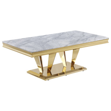 Chihiro Grey Rectangular Stone Coffee Table, Gold