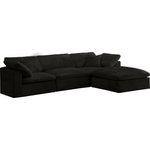 Meridian Furniture - Cozy Velvet Upholstered Comfort L-Shaped Modular Sectional, Black, 4-Piece: 1 Armless Chair, 2 Corner Chair, 1 Ottoman - Bring home this Cozy 4-piece sectional for a fresh new look. Embrace casual elegance with this Cozy velvet cloud-like comfort modular fiber-filled seating option. Handsome from all angles, this piece features soft black velvet upholstery to make it an easy fit in any room. This modular piece can be combined with other items in the Cozy collection to create a seating group of your dreams. The cushions on this piece are exceptionally comfortableand filled with fiber for luxury that you deserve as you rest and relax.