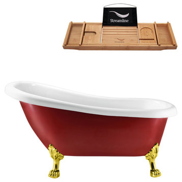 61" Red Clawfoot Tub and Tray, Gold Feet, Chrome Internal Drain