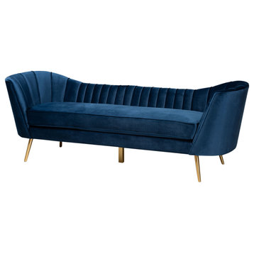Ippolita Glam Luxe Navy Blue Velvet Fabric and Gold Sofa