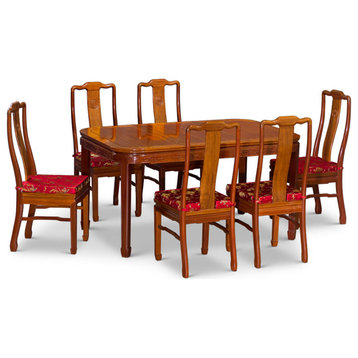 60in Natural Finish Rosewood Chinese Longevity Rectangle Dining Set w 6 Chairs