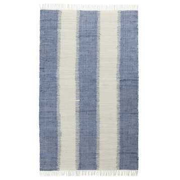 Jagged Blue/Off-White Reversible Cotton Chindi Rug, 5'x8'