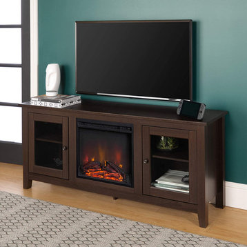 Wide Entertainment Center, 2 Glass Doors and Electric Fireplace, Espresso