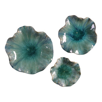 Turquoise Aqua Lily Pad Wall Art, 3-Piece Set, Flower Sculpture Blue Hanging