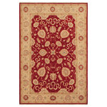 Bareens Designer Rugs - Shabby Chic Ziegler Verline Red Red Hand-Knotted Wool Rug - 5'7'' x 7'8'' - Enhance the ambiance of your home with this magnificent Persian-influenced Turkish hand-knotted rug made by skilled artisans capable of creating the most exceptional vegetable dyes and hand-spun wool. This exquisite handmade rug is a one-of-a-kind Peshawar Kafkaz, otherwise identified as Chobi, Chobi Peshawar, Oushak, or Ziegler rug. These handmade rugs are crafted in Pakistan utilizing superior-quality wool imported from Australia, New Zealand, and Korea in two types of weaves: the Persian weave and the Mori weave. This rug is meticulously crafted by hand using the finest natural vegetable dyes extracted from local plants. The artisans use a blend of hand-spun local and fine merino wool, resulting in a rug with a compelling texture, higher lanolin content, and longer staple. The artisans occasionally incorporate natural or artificial silk into the pile to enhance specific motifs. The finished product is an awe-inspiring execution of flawless design and an understated palette that exudes elegance.