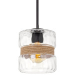 Kira Home - Kira Home Sage 10" Modern Pendant Light + Hammered Glass Shade, Textured Black - *[RETRO MODERN DESIGN] This modern pendant light radiates elegance, showcasing a bold textured black finish and rustic style rope accent. The retro hanging light includes a cylinder hammered clear glass shade, casting a warm glow over its installed space, making it a prime choice amongst designers and builders