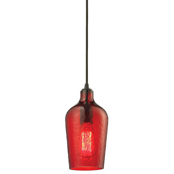 Hammered Glass 1-Light Pendant, Oil Rubbed Bronze and Red Glass