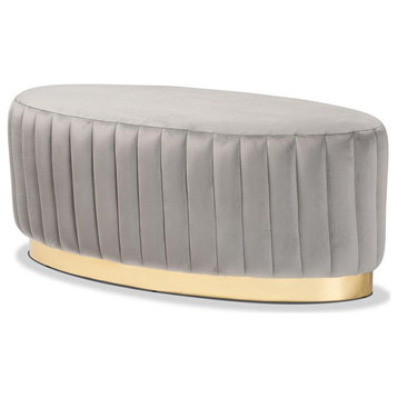 Kirana Glam and Luxe Grey Velvet Fabric Upholstered and Gold PU Leather Ottoman