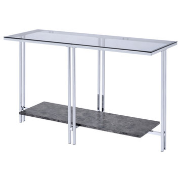 Glass Top Metal Sofa Table With Marble Bottom Shelf Silver And Clear - Saltoro