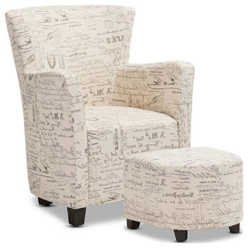 Contemporary Accent Chair and Ottoman, French Script Patterned Upholstery, Beige