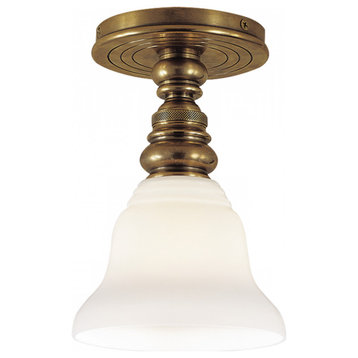 Boston Flush Mount, 1-Light Hand-Rubbed  Brass, White Glass Desk Shade, 5.5"W
