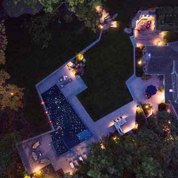 drone view of contemporary landscape and pool