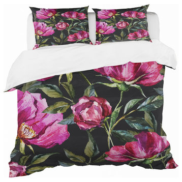 Purple Flowers On Dark Hand Painted Abstract Duvet Cover, Twin