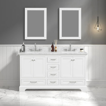 Bath Vanity, Marble Top, White, 60'' With Sink, Mirror