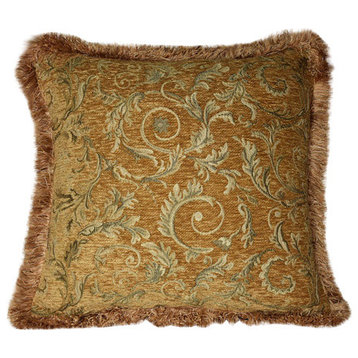 Large Floral Fringe Pillow, Handmade, Light and Dark Gold, 18"x18"