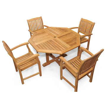 Teak Outdoor Dining Set for 4, Octagon Table, 4 Teak Dining Chairs