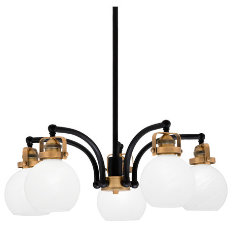 Easton, 5 Light, Chandelier, Matte Black & Brass Finish, 5.75" White Marble