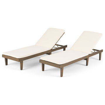 Nancy Oudoor Modern Wood Chaise Lounge With Cushion, Set of 2, Gray/Cream
