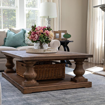 Mirrored TV Concealer on Gray Fireplace Family Room