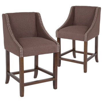 24" Brown Fabric Counter Stool With Nailhead Trim Side Panels, 2 Pack