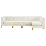Meridian Furniture - Alina Velvet Modular L-Shaped Modular Sectional, Cream, 5-Piece: 3 Armless Chair, 2 Corner Chair - Bring modern beauty to your space with the addition of this Alina Velvet Modular sectional. This beautiful sectional features deep channel tufting to ramp up its visual interest and add to its resilient demeanor. Its soft cream velvet upholstery blends nicely with existing elements in your room and is sleek to the touch, making this seat a super comfortable one. Part of the modular Alina collection, this sectional has a latch that attaches it to other pieces to create your custom seating arrangement.