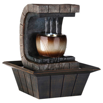 C Shaped Polyresin Frame Fountain With Tapered Base And Led Lights, Brown